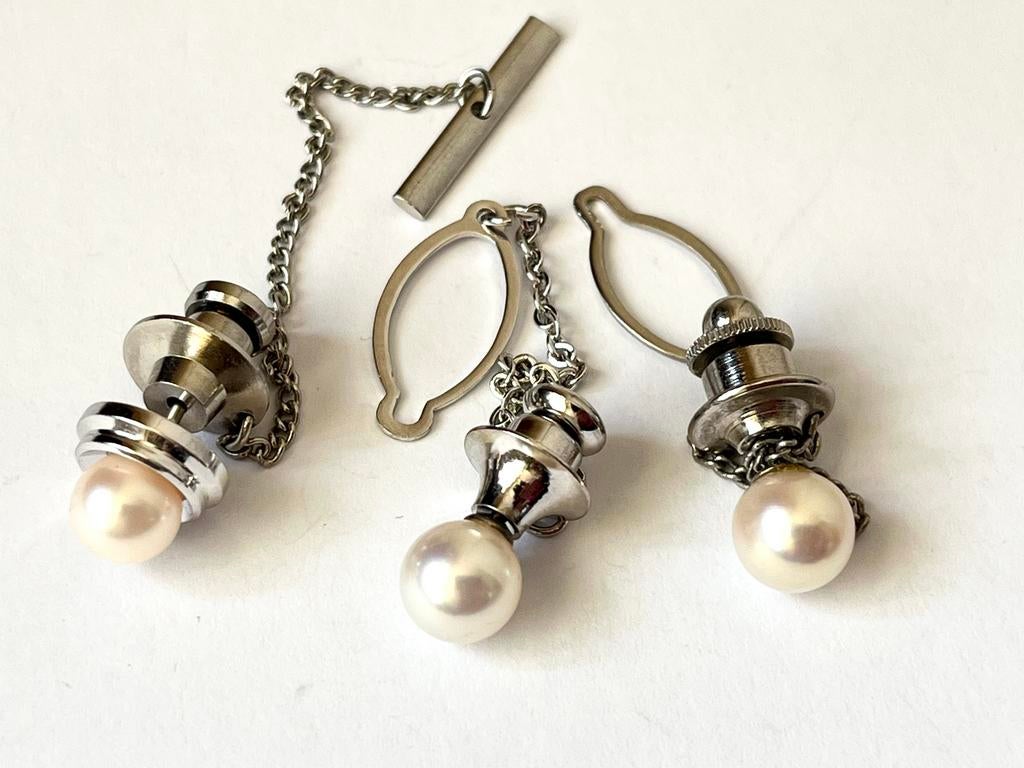 Vintage dasspeld zilver Japan Akoya parel, Verzenden, Wit, Zo goed als nieuw, Met edelsteen