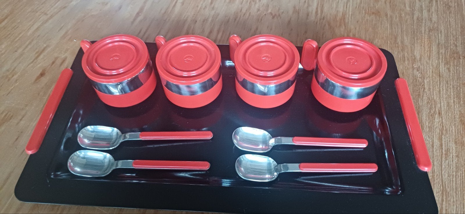 Vintage rood Morinox italiaans design koffie set 13 delig, Ophalen, Zo goed als nieuw, Overige stijlen, Kop(pen) en/of Schotel(s)
