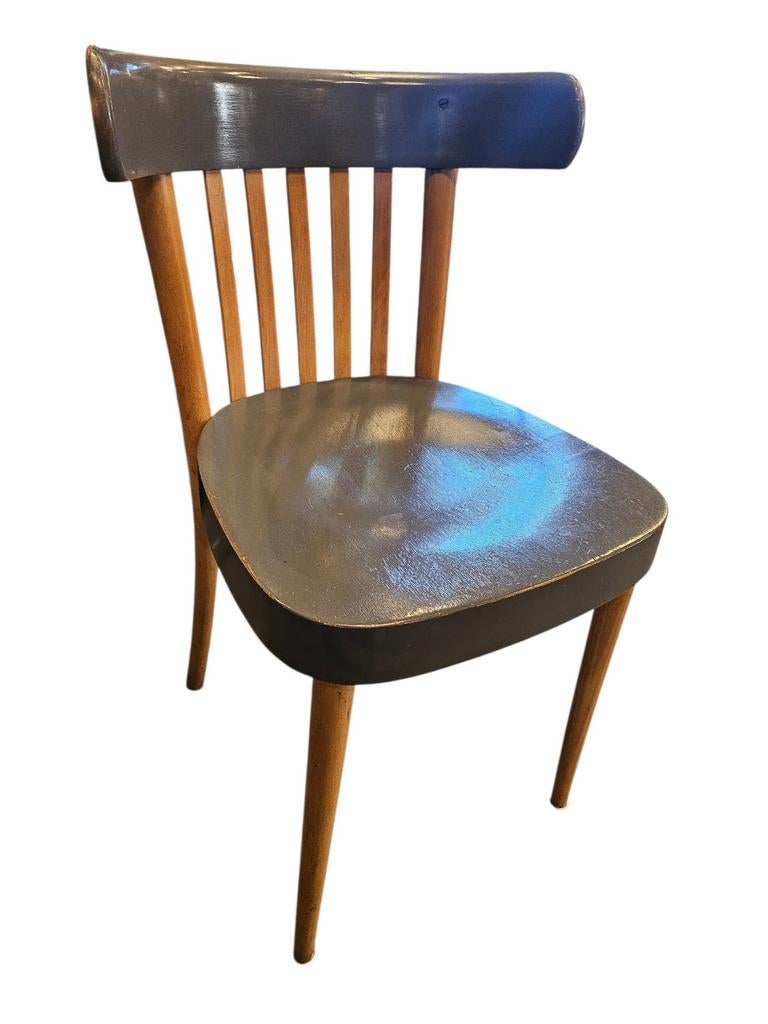Vintage houten stoel met grijze zitting en rugleuning, Antiek en Kunst, Antiek | Meubels | Stoelen en Banken, Ophalen