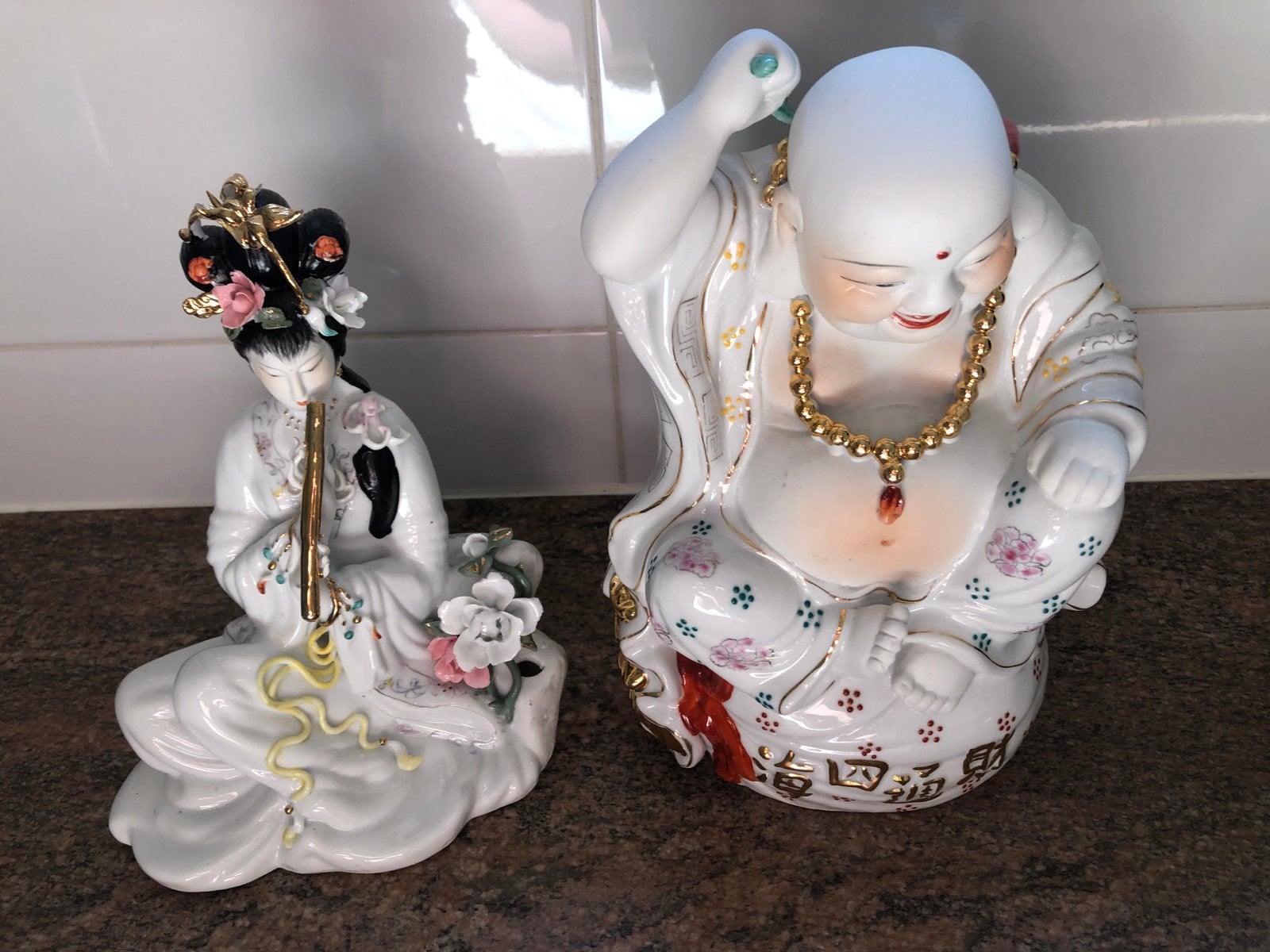 Vintage Chinese Beeldjes: Lachende Boeddha & Dame met Fluit, Ophalen of Verzenden, Zo goed als nieuw, Mens