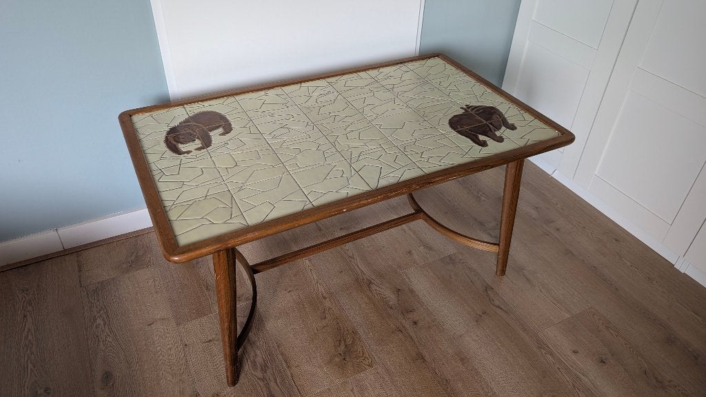 Unieke betegelde salontafel beren, Scandinavisch midcentury, Ophalen, Gebruikt, 50 tot 100 cm, Rechthoekig