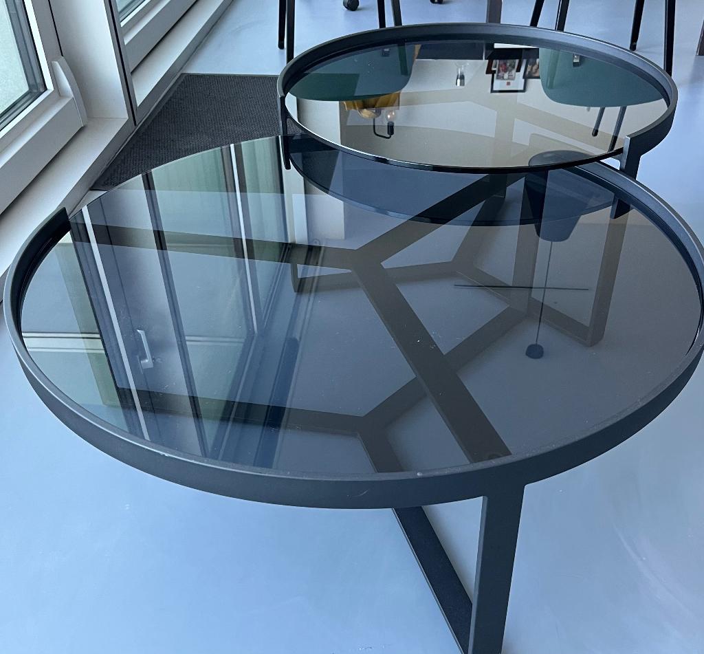 Design salontafel set - MADE | zwart glas met staal, Ophalen, Gebruikt, 100 tot 150 cm, Rond