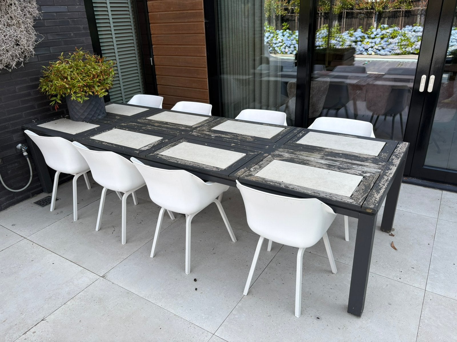 Grote teakhouten tuintafel van 3.35m lang, Ophalen, Gebruikt, Rechthoekig, Teakhout
