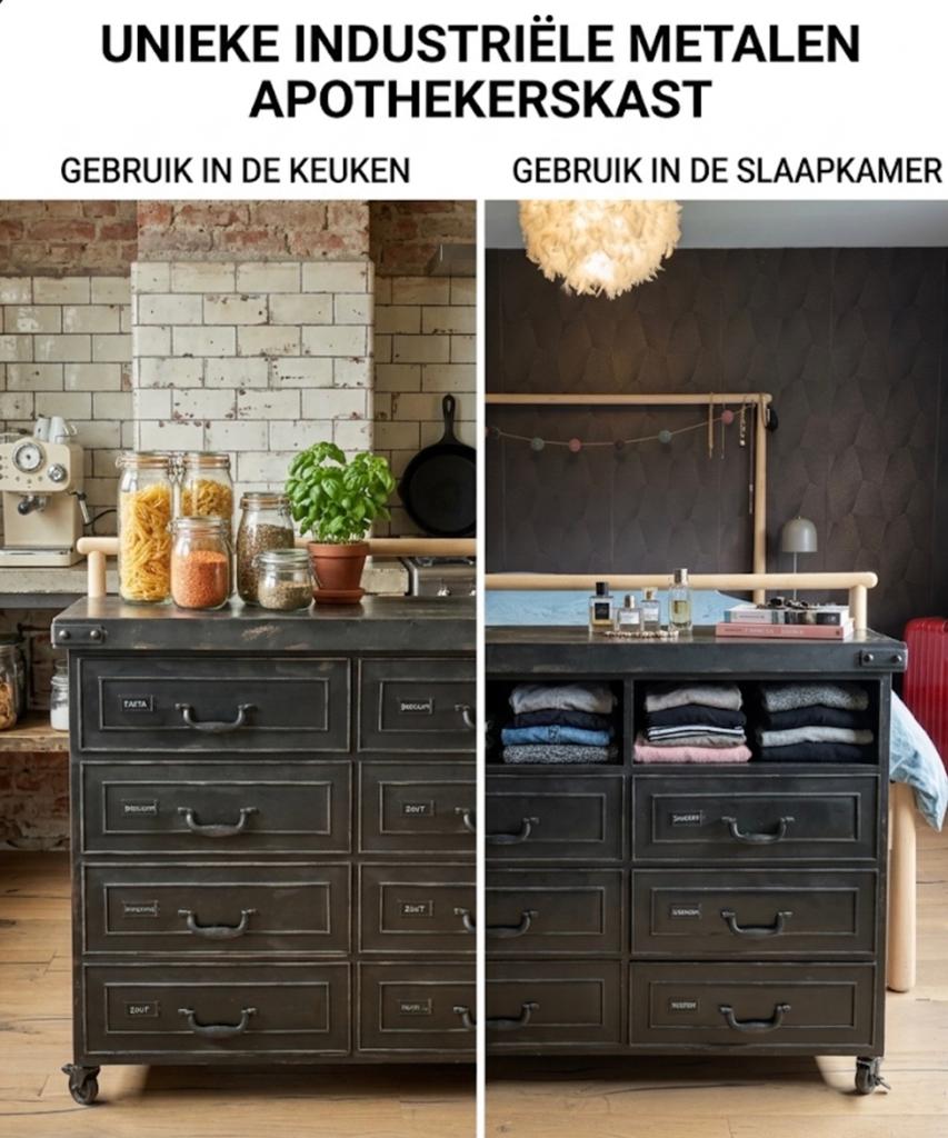 Unieke industriële metalen apothekerskast op wielen, Ophalen, Zo goed als nieuw
