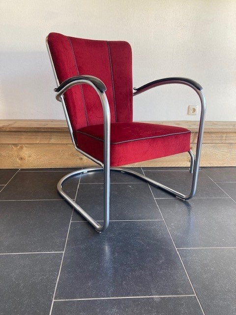 Gispen 412 fauteuil, zijdemat, nieuwe donkerrode ribstof, Design, 75 tot 100 cm, Zo goed als nieuw, Stof