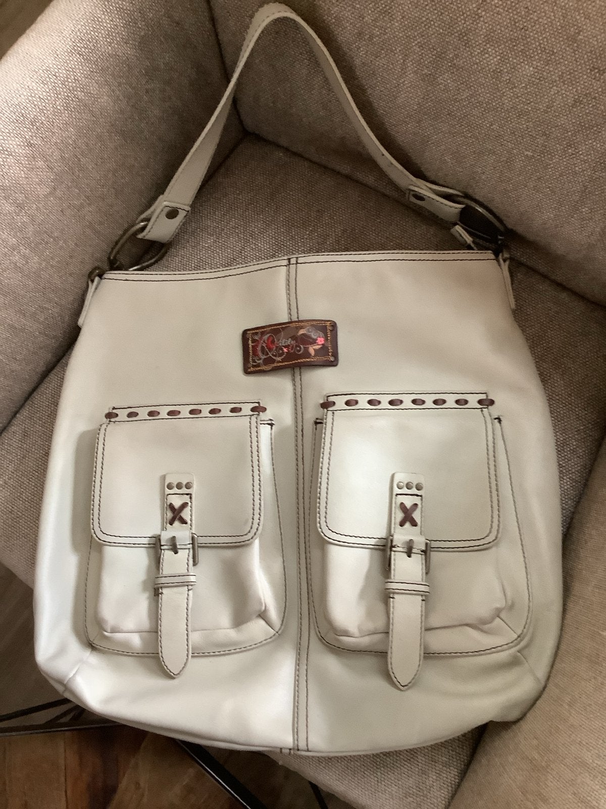 Stijlvolle Crèmekleurige Handtas met Unieke Details, Ophalen of Verzenden, Gebruikt, Beige, Handtas