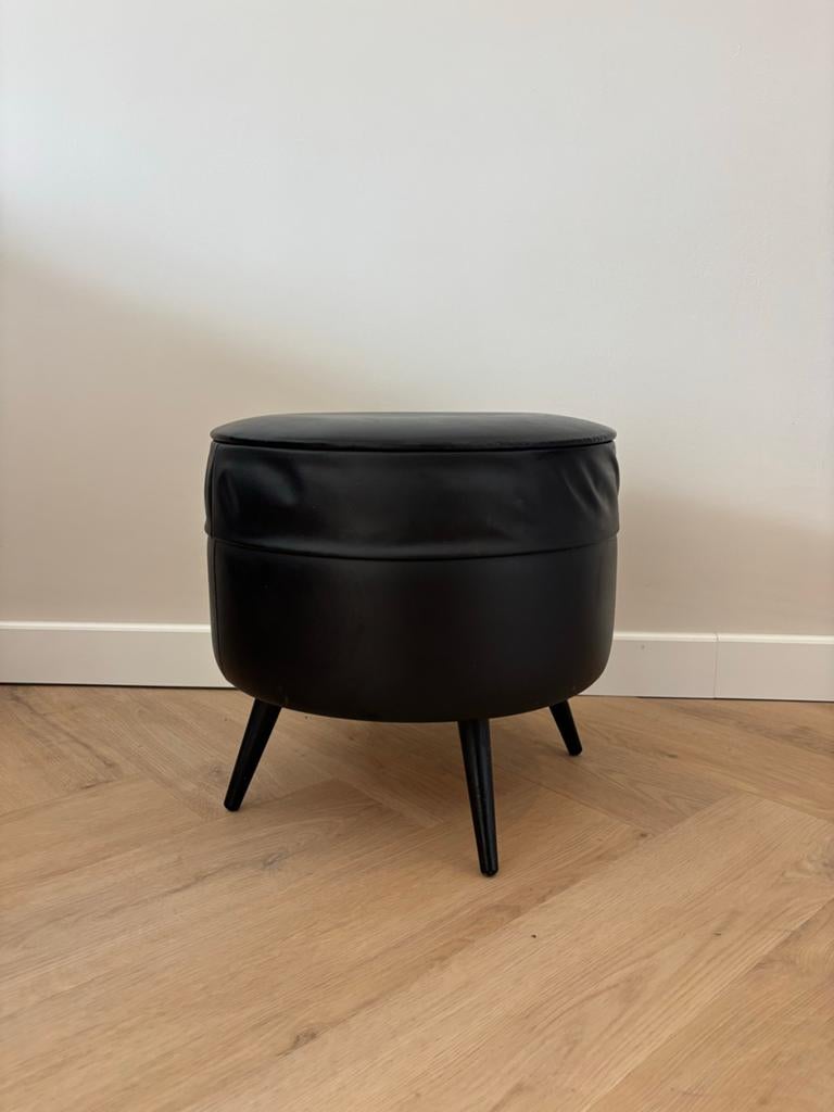 Vintage Zwarte Poef met Opbergruimte, Ophalen, Minder dan 50 cm, Gebruikt, Rond