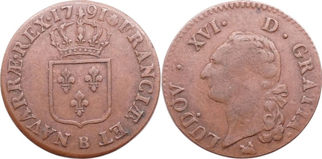 Frankrijk sol a l'ecu 1791 Rouen Lodewijk XVI koper, Ophalen of Verzenden, Frankrijk, Losse munt