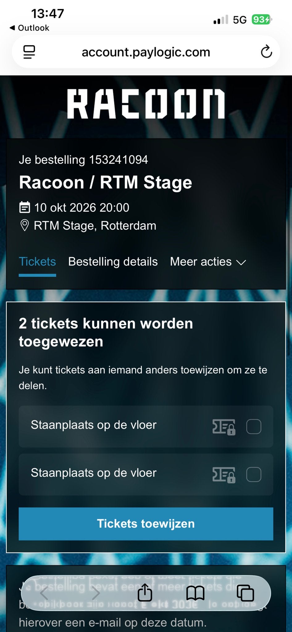 2 staanplaatsen Racoon 10 oktober Ahoy, Tickets en Kaartjes, Twee personen, Oktober