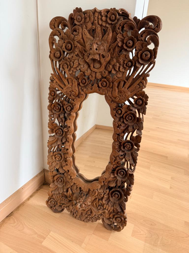 Prachtig Balinees spiegel met houtsnijwerk, Ophalen, Rechthoekig, Minder dan 50 cm, 100 tot 150 cm