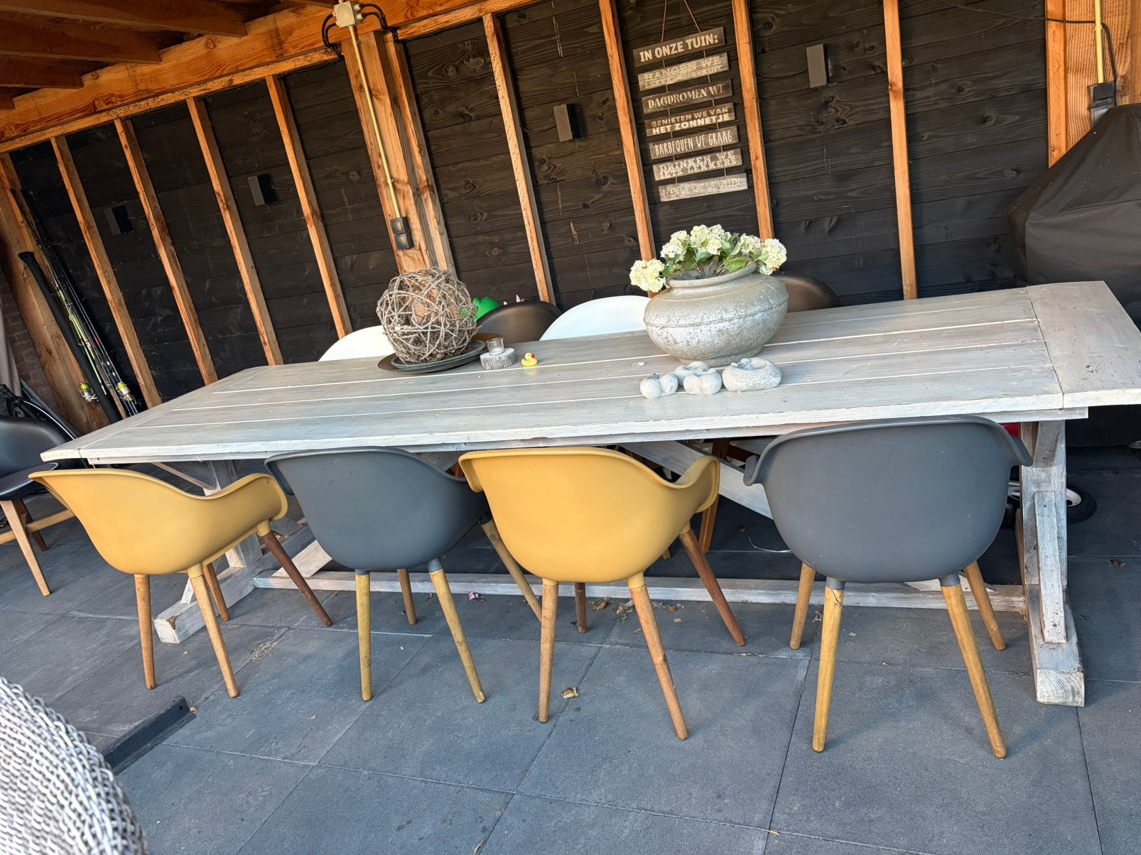 Houten tafel 3.20 met 4 stoelen, Tuin en Terras, Tuinsets en Loungesets, Ophalen, Gebruikt, Eettafel, 8 zitplaatsen
