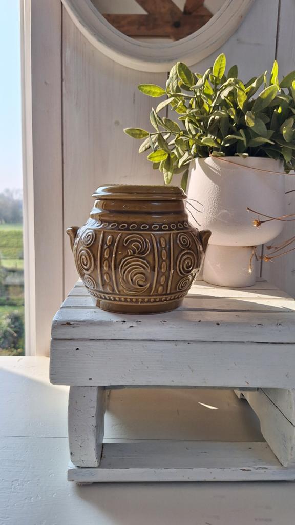 Vintage aardewerk voorraadpot met deksel, mosterdkleur, DDR, Gebruikt, Vintage, Overige typen, Ophalen of Verzenden