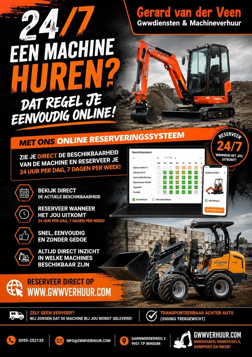 24/7 Online huren ? Minikraan , Minishovel , rupsdumper, Ophalen of Verzenden, Kraan