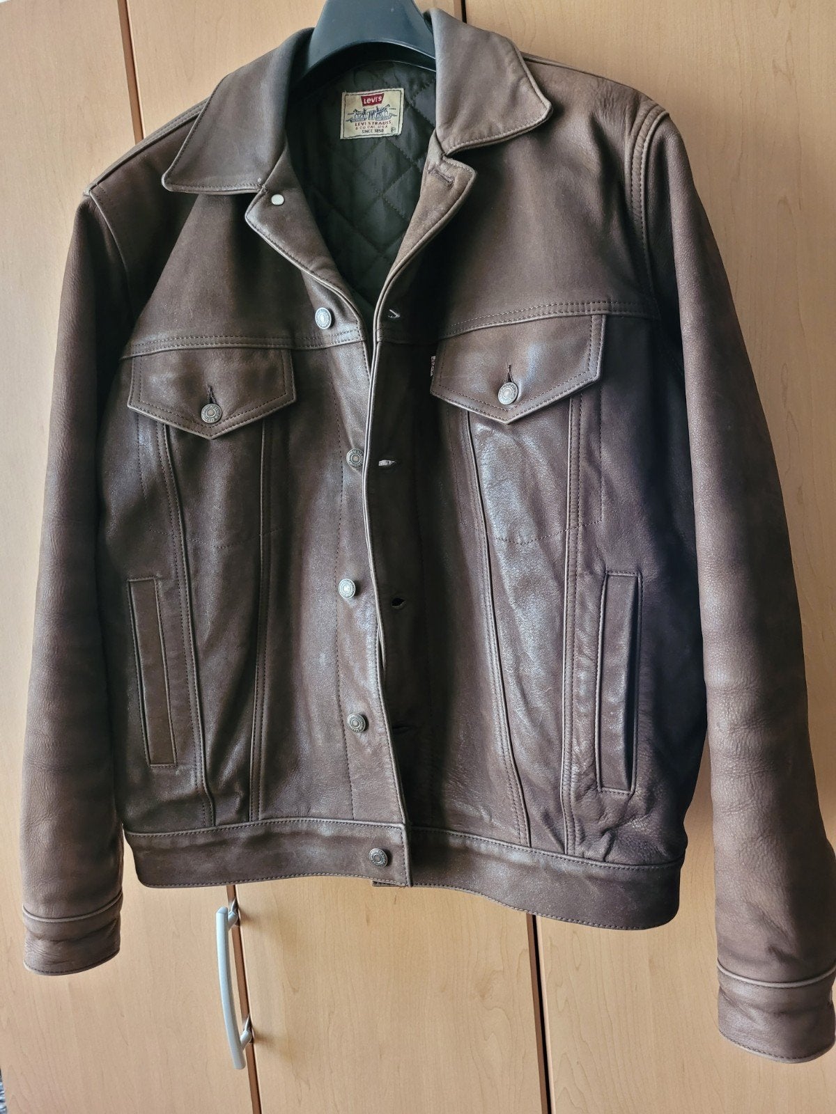 Vintage Levi's Basic Trucker Leren Jas. Bruin. Size:Medium., Ophalen, Gedragen