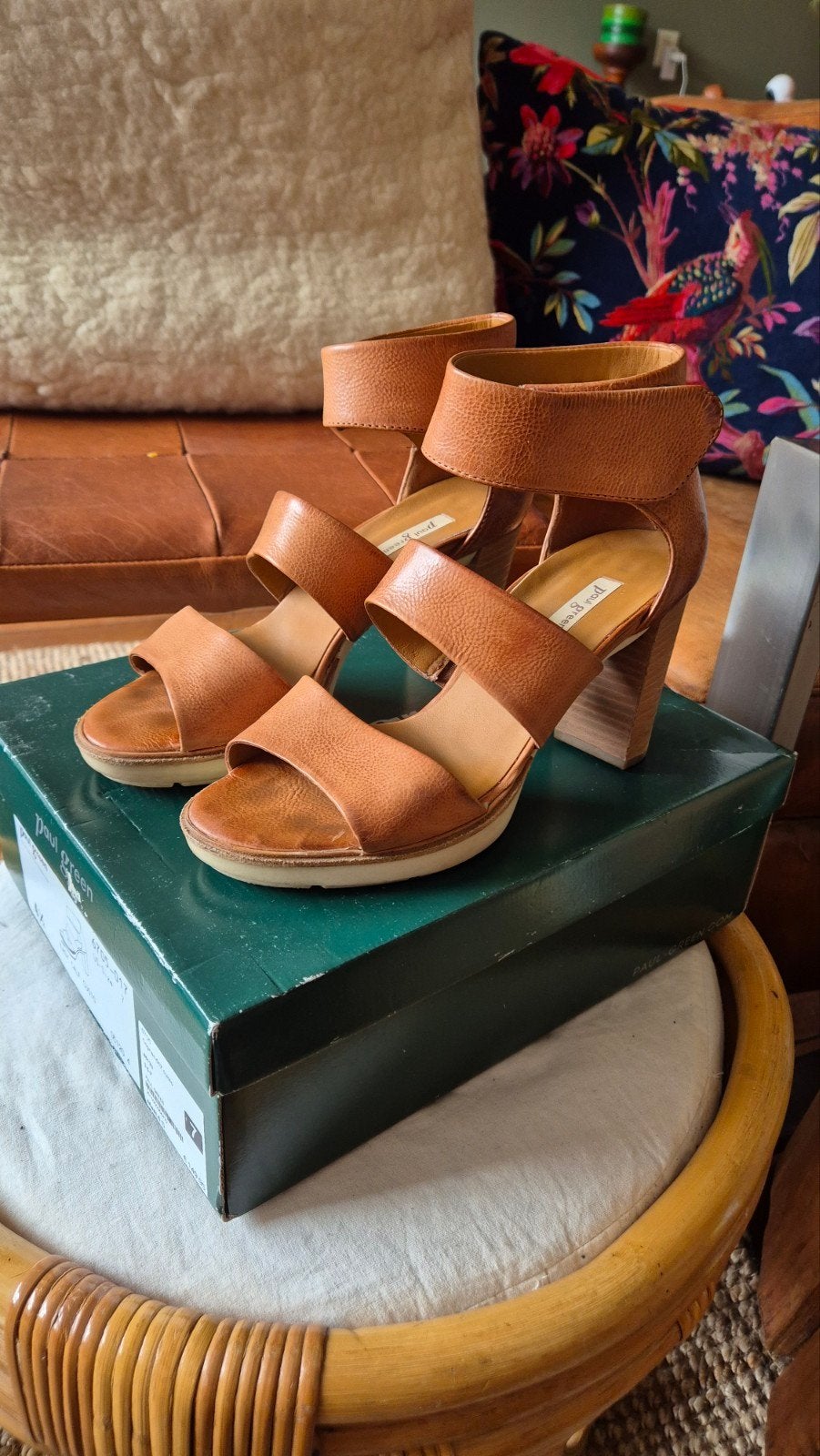 Paul Green cognac kleur leren hak sandalen mt 37,5, Bruin, Ophalen of Verzenden, Zo goed als nieuw, Paul Green
