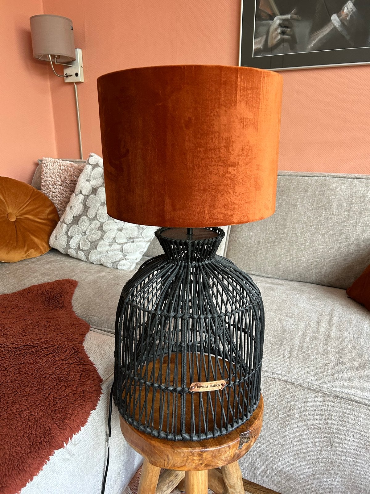 Riviera Maison Lampvoet Zwart Riet met Hout & Terrabruin Ka, Ophalen, Zo goed als nieuw, Hout, Zwart