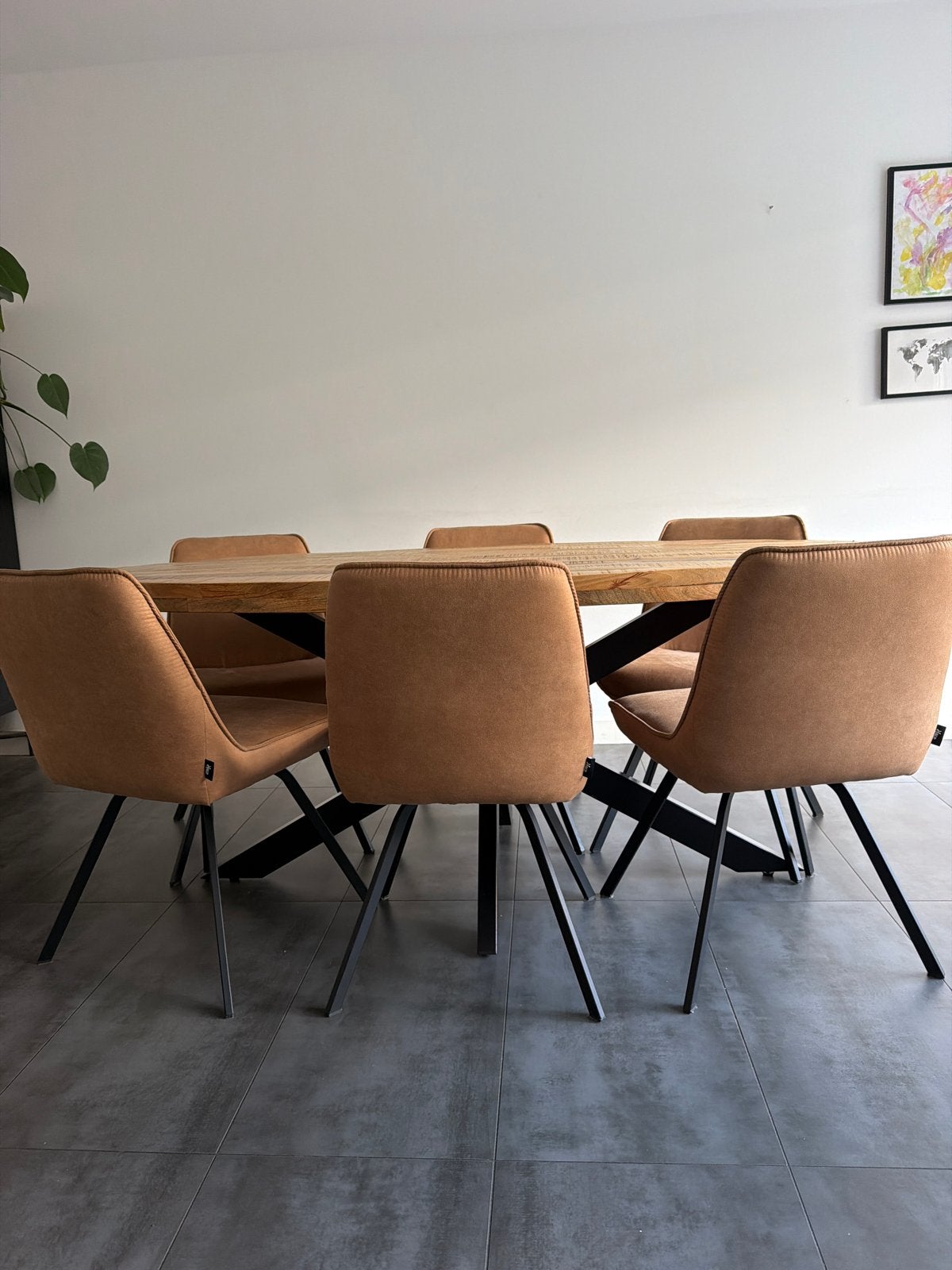Eettafel 190x100 met 6 cognac stoelen (1 jaar oud), Ophalen, 50 tot 100 cm, Zo goed als nieuw, Vijf personen of meer