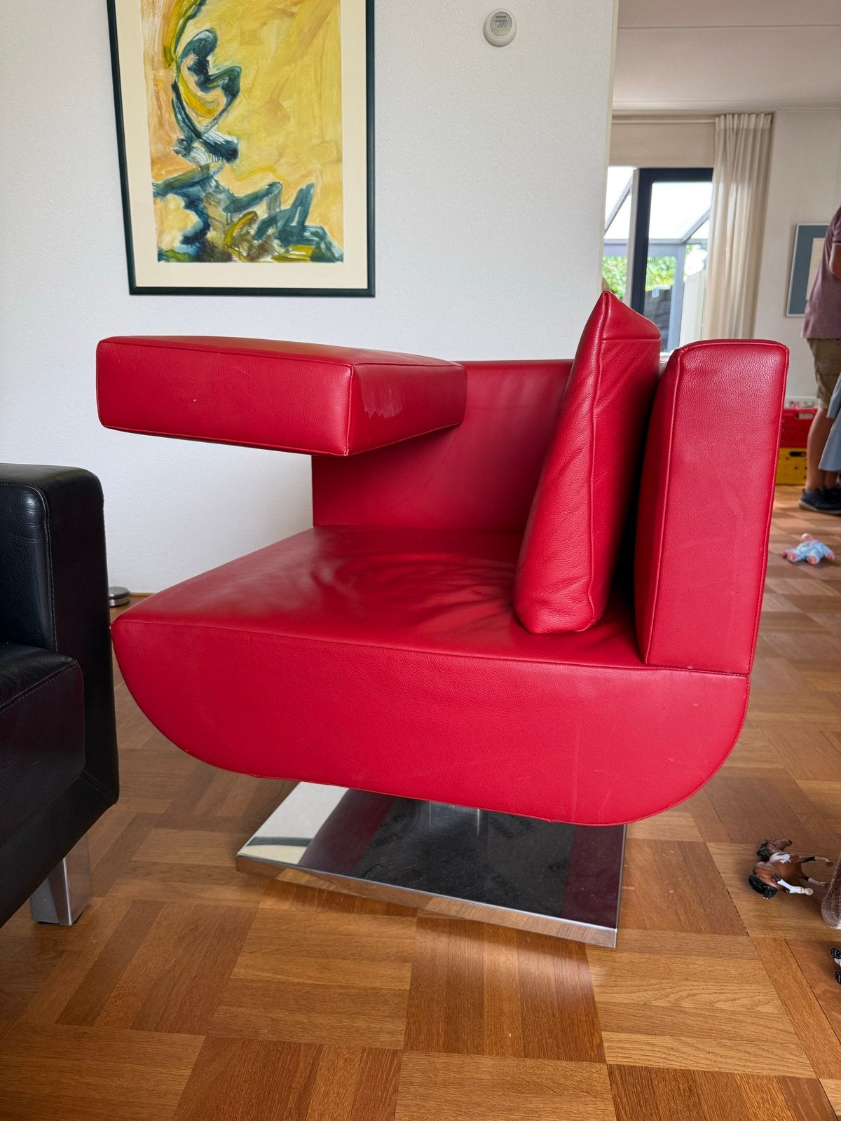 Jori design fauteuil - Draaistoel rood leer, Huis en Inrichting, Fauteuils, Ophalen of Verzenden, Gebruikt, Leer, 75 tot 100 cm