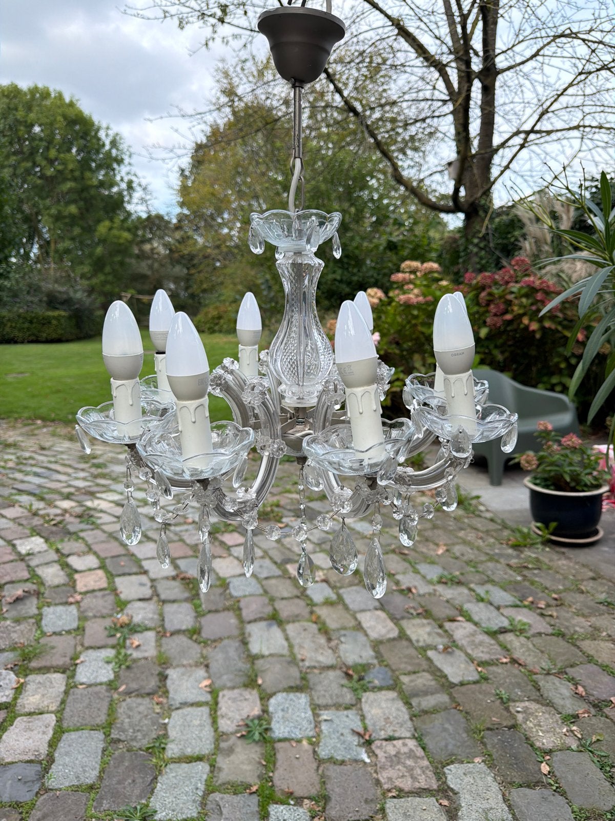 Prachtige glazen kroonluchter met 8 armen + 8 bolletjes, Huis en Inrichting, Ophalen, Klassiek, E14 (klein), Glas