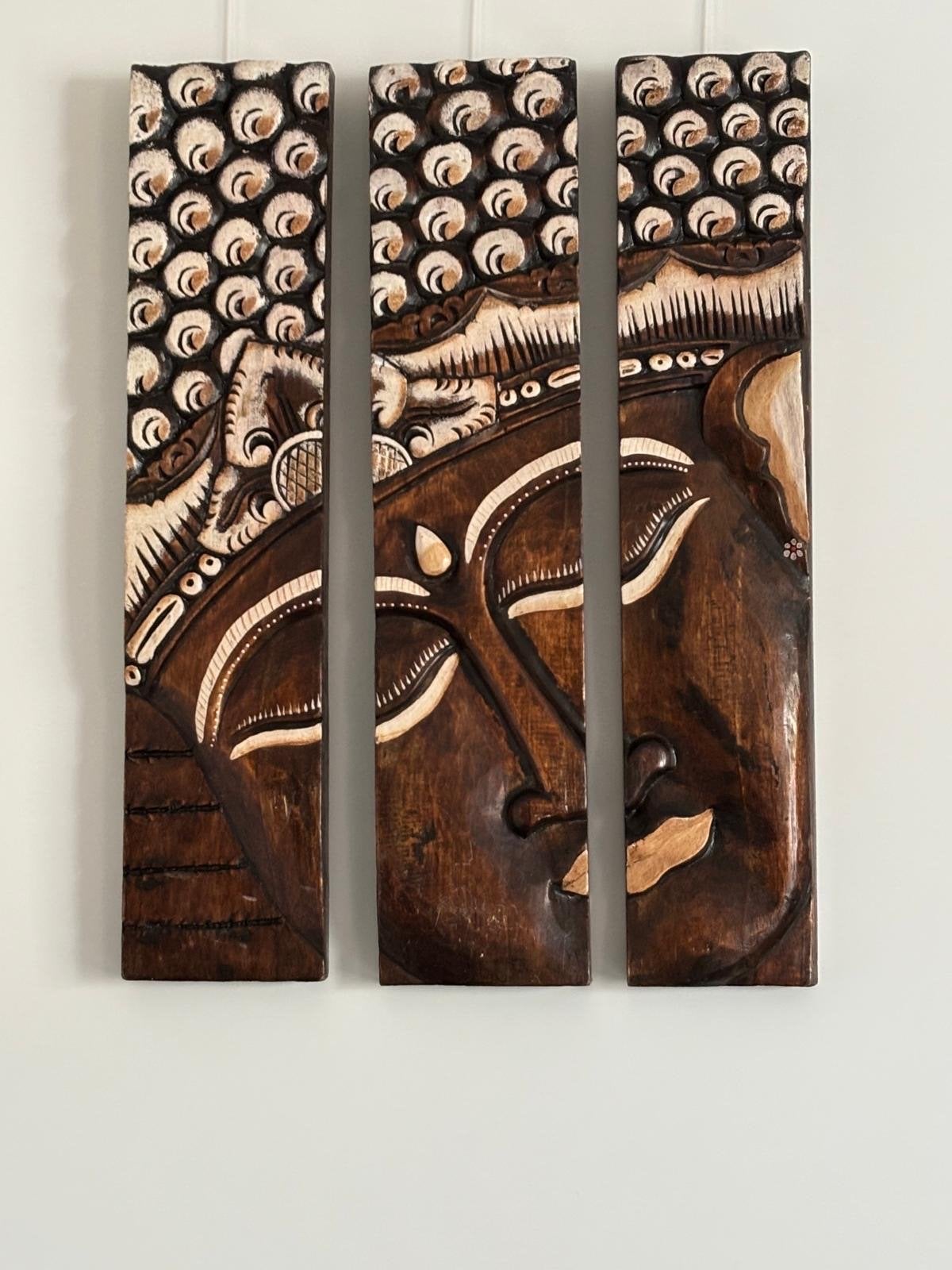 Houten Boeddha wanddecoratie - Drieluik, Ophalen of Verzenden, Handgemaakt, Wanddecoratie, 20 - 50 cm