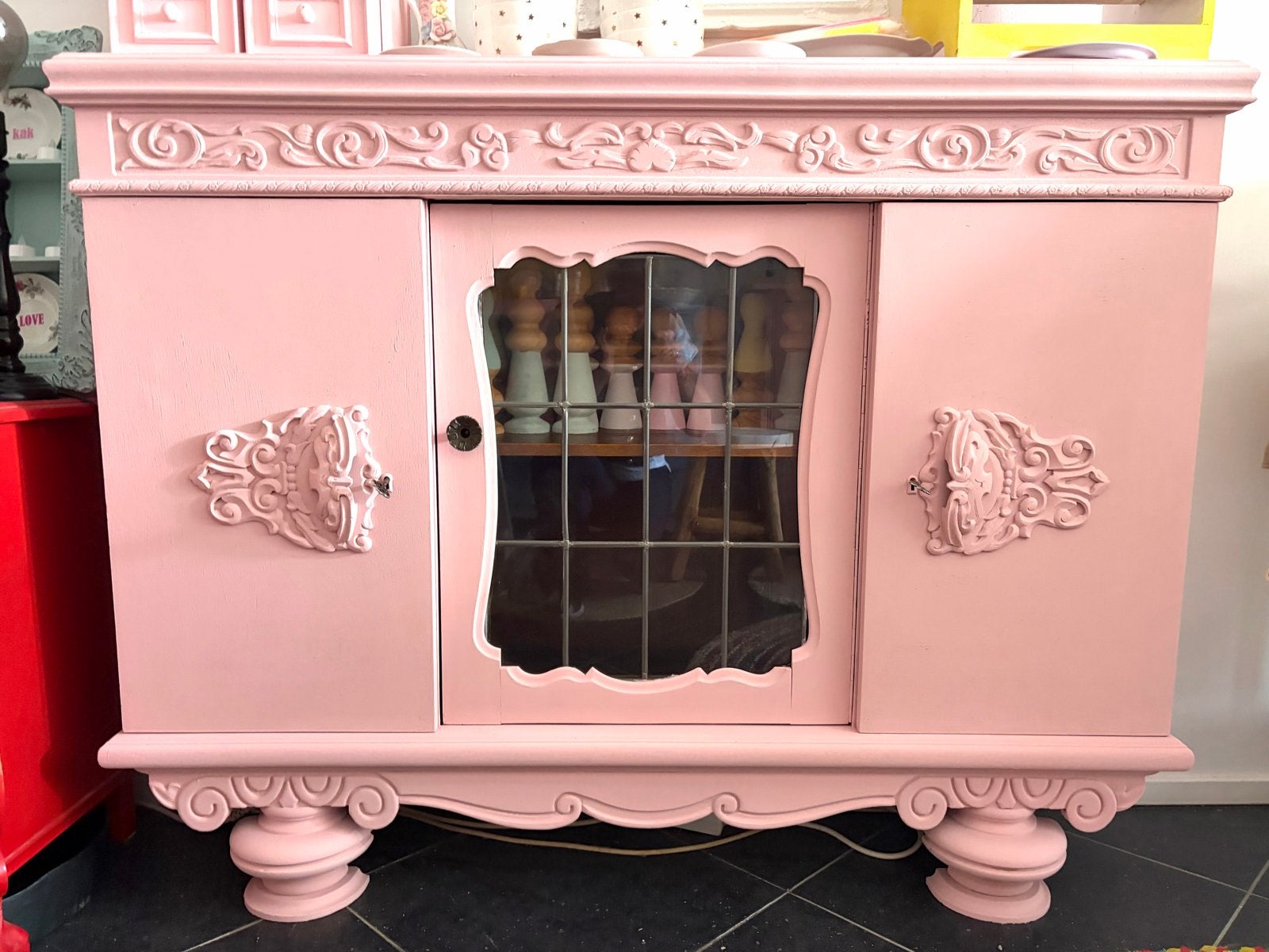 Art Deco Dressoir / Kast met Glas-in-lood Raampjes, Ophalen of Verzenden