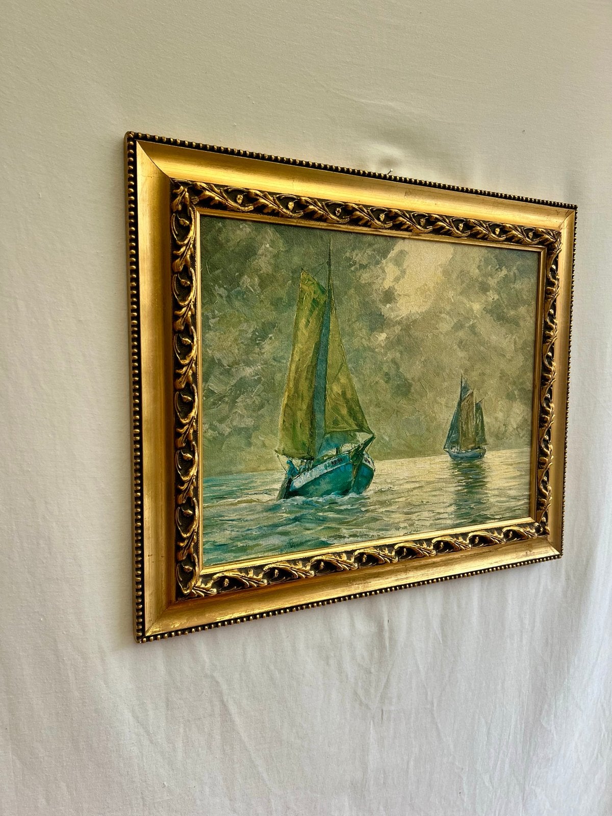 Vintage Zeegezicht met Zeilboten - Olieverf in Gouden Lijst, Antiek en Kunst, Kunst | Schilderijen | Klassiek, Maritiem / water