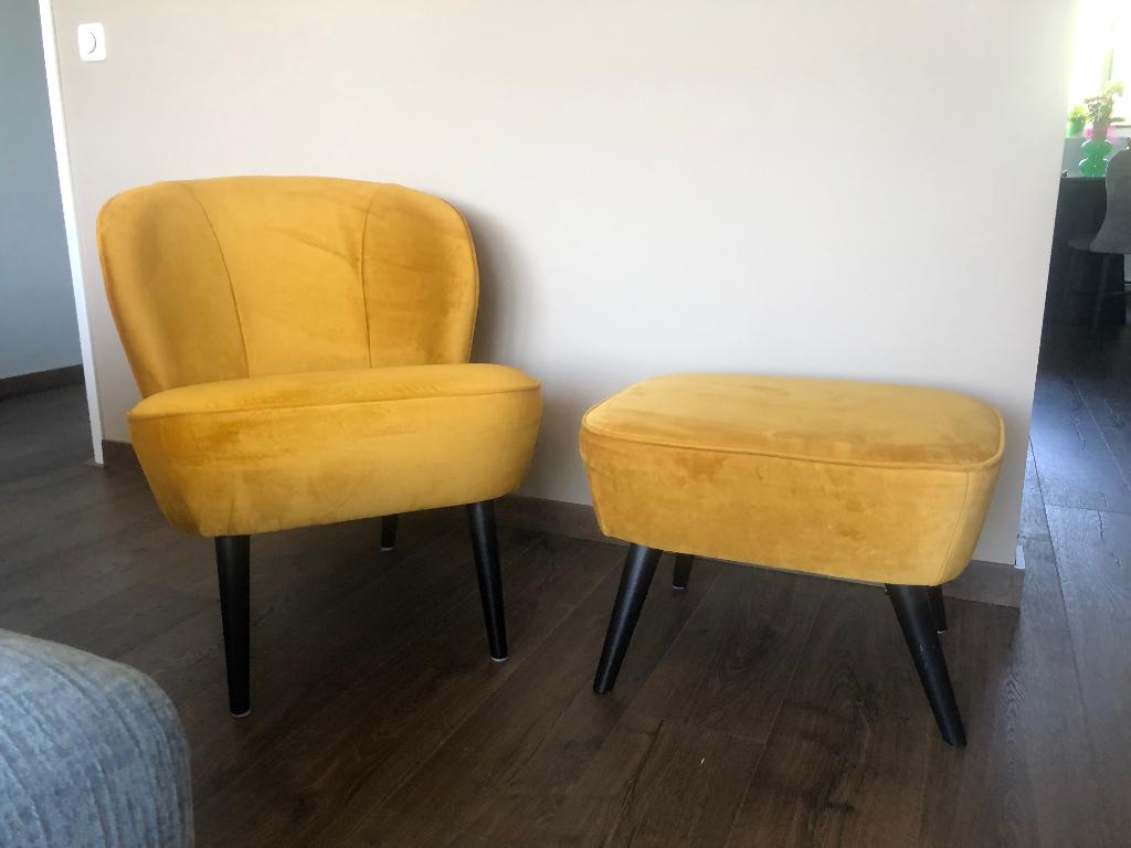 Woood fauteuil + hocker, Huis en Inrichting, Fauteuils, Ophalen, 75 tot 100 cm, Zo goed als nieuw, Stof