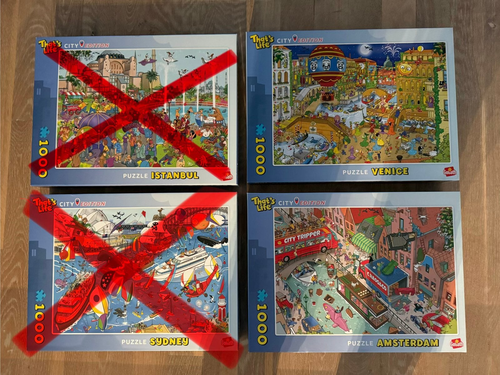 That’s life city edition puzzels: Amsterdam en Venice - 1000, Ophalen of Verzenden, 500 t/m 1500 stukjes, Zo goed als nieuw, Legpuzzel
