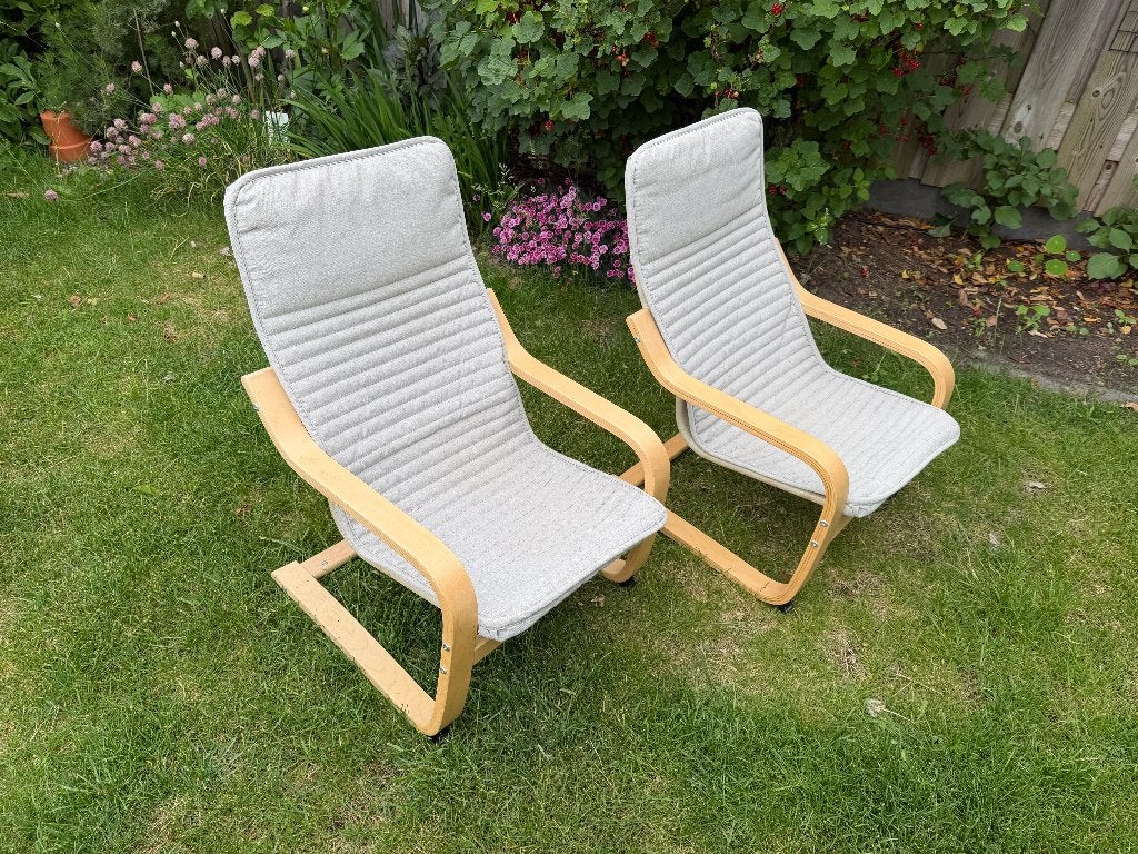 POÄNG Kinderfauteuil, berkenfineer/Knisa lichtbeige, Ophalen, Gebruikt, Hangstoel