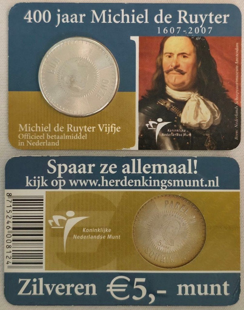 Nederland €5 – Michiel de Ruyter Vijfje – Coincard – Zilver, Koningin Beatrix, Zilver, Euro's, Ophalen of Verzenden