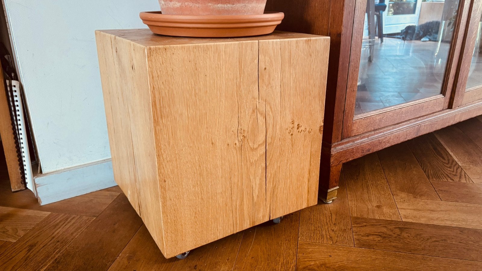 3 massief eiken houten blok op wielen - 38x38x45cm, Ophalen, Zo goed als nieuw, Rechthoekig, Minder dan 55 cm
