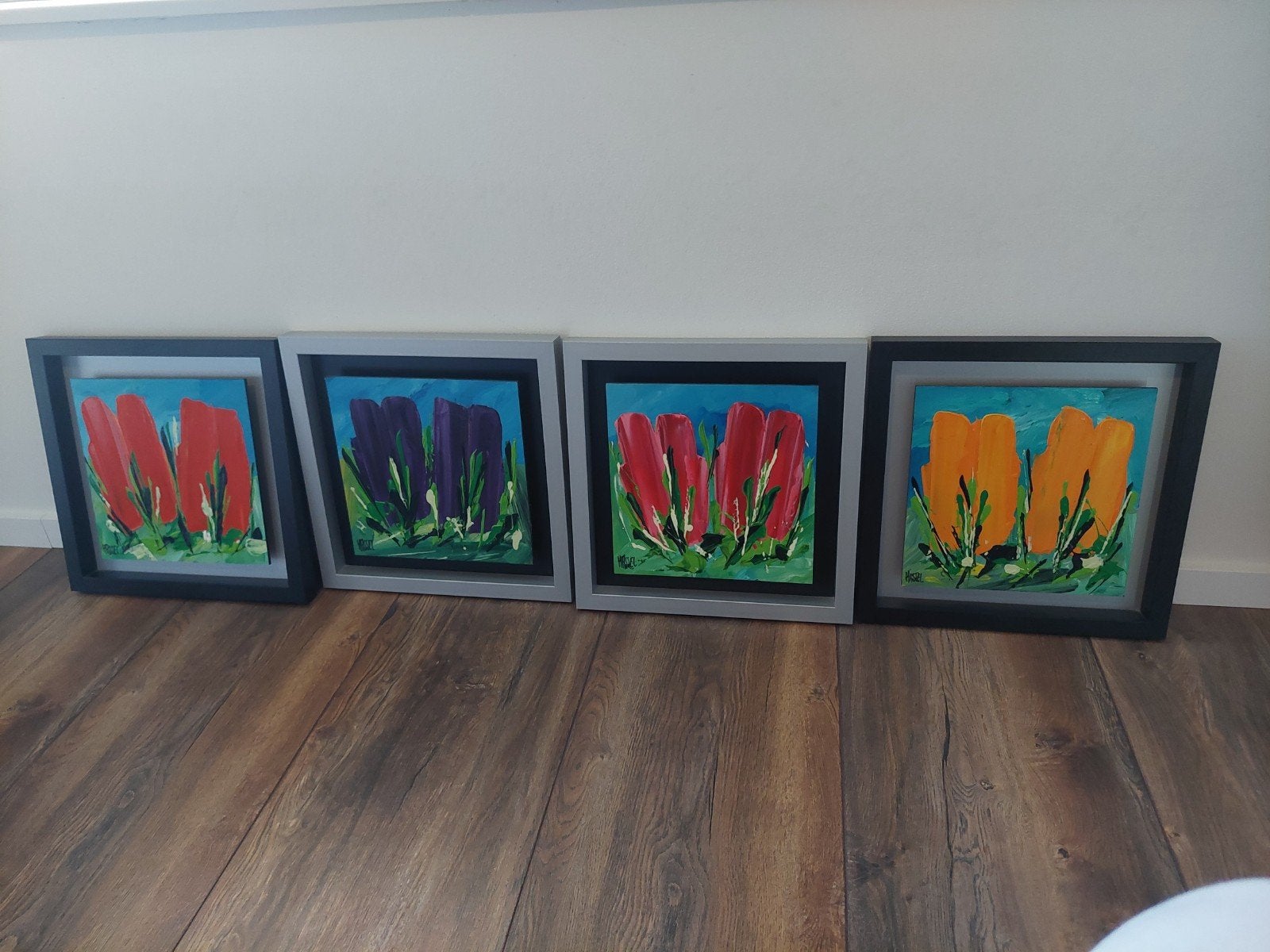4 kunstschilderijen Ad van Hassel - 30x30 cm - Acryl, Ophalen of Verzenden