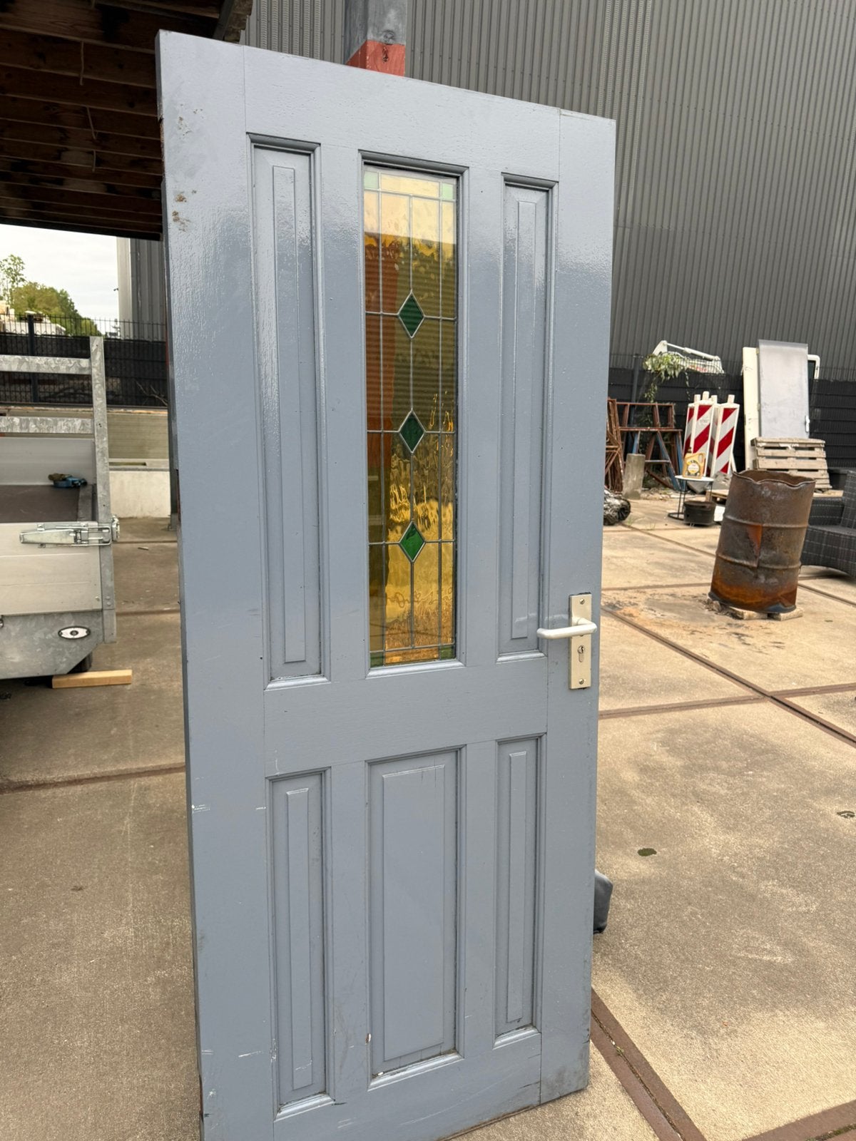 Prachtige hardhouten voordeur met glas en lood, Gebruikt, 80 tot 100 cm, Ophalen of Verzenden, Buitendeur
