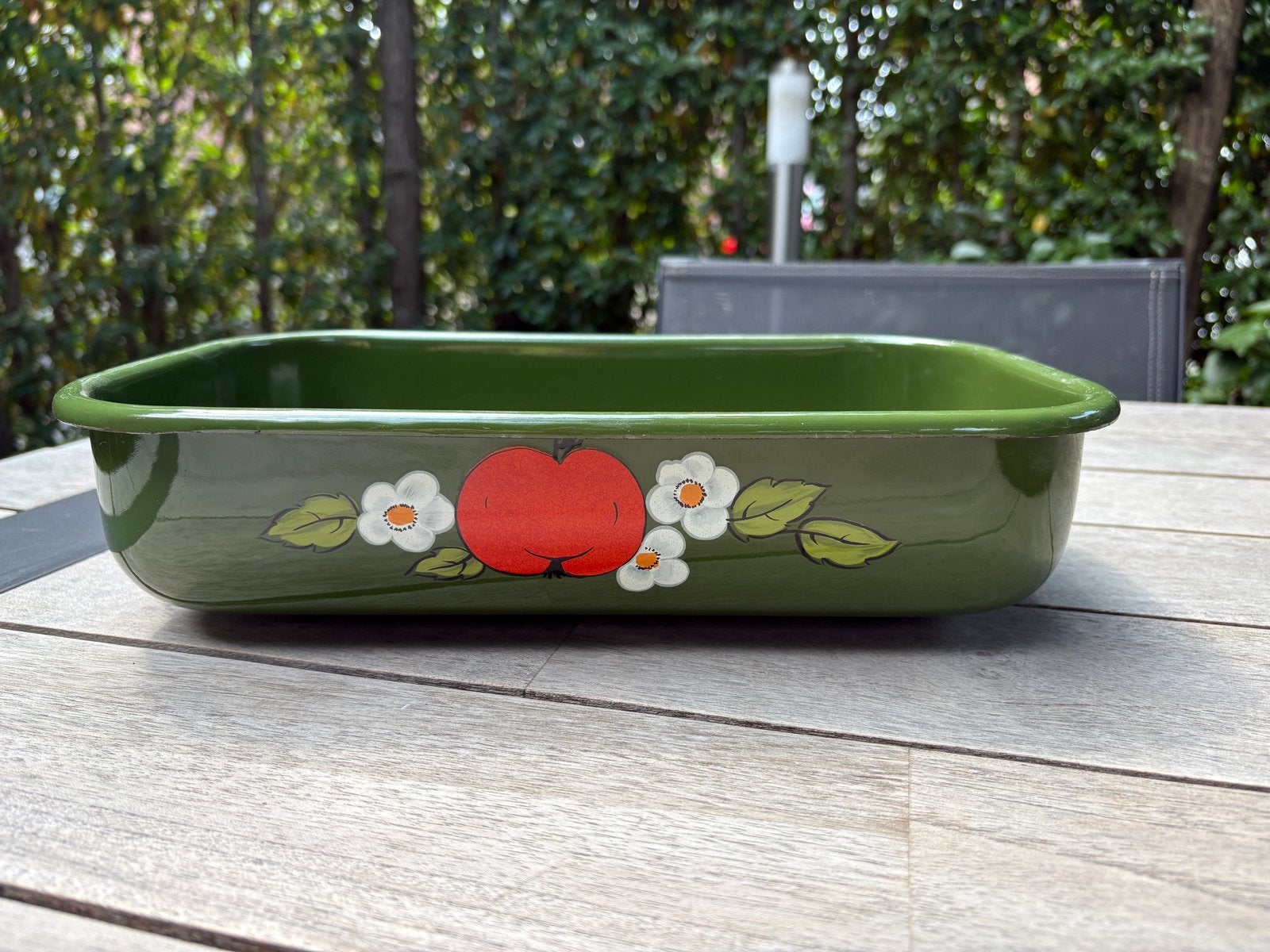 Vintage geëmailleerde ovenschaal donkergroen appel decor, Antiek en Kunst, Ophalen of Verzenden