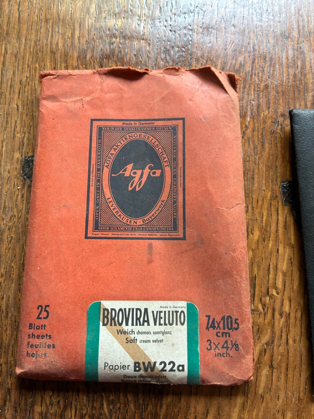 Vintage Agfa Brovira Veluto fotopapier 7.4x10.5 cm, Doka papier, Satijn, Gebruikt, Agfa