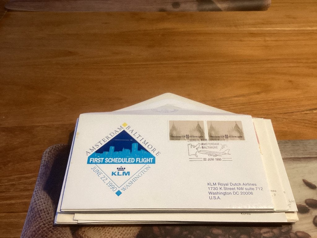 No4128 KLM Amsterdam Baltimore 22 juni 1990 klein formaat, Postzegels en Munten, Ophalen of Verzenden, Onbeschreven, Nederland