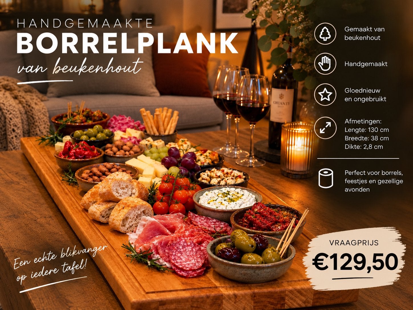 Unieke handgemaakte borrelplank van beukenhout, Ophalen, Hout, Snij-/serveerplank, Nieuw