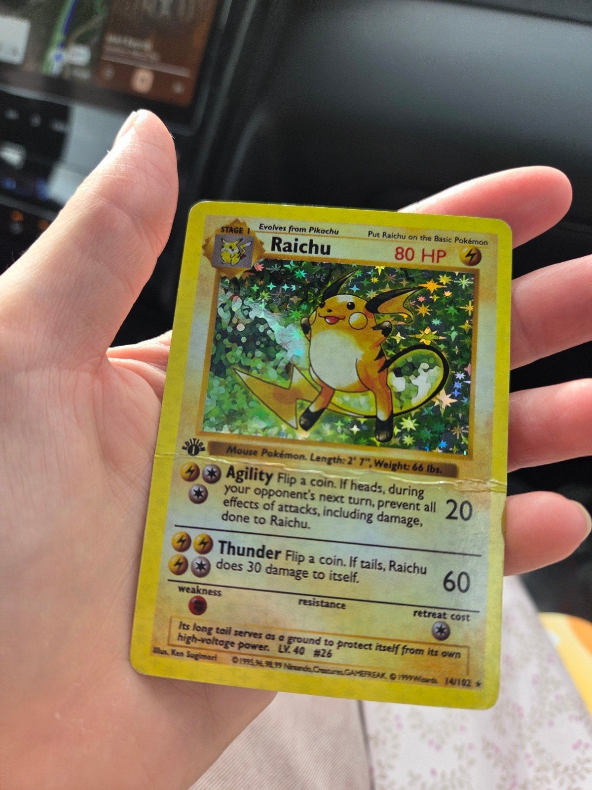 Raichu Pokémon kaart 14/102 - Base Set - Holo - Beschadigd, Hobby en Vrije tijd, Ophalen of Verzenden, Gebruikt