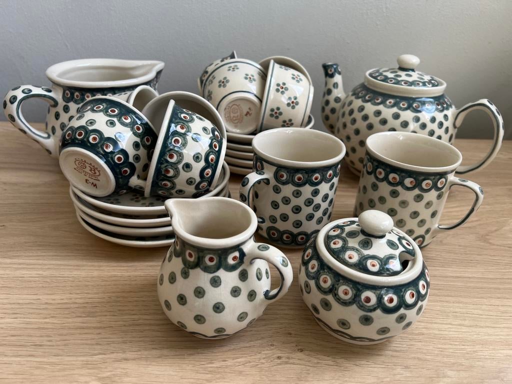 Bunzlau servies met traditionele groene stipjes, Ophalen of Verzenden