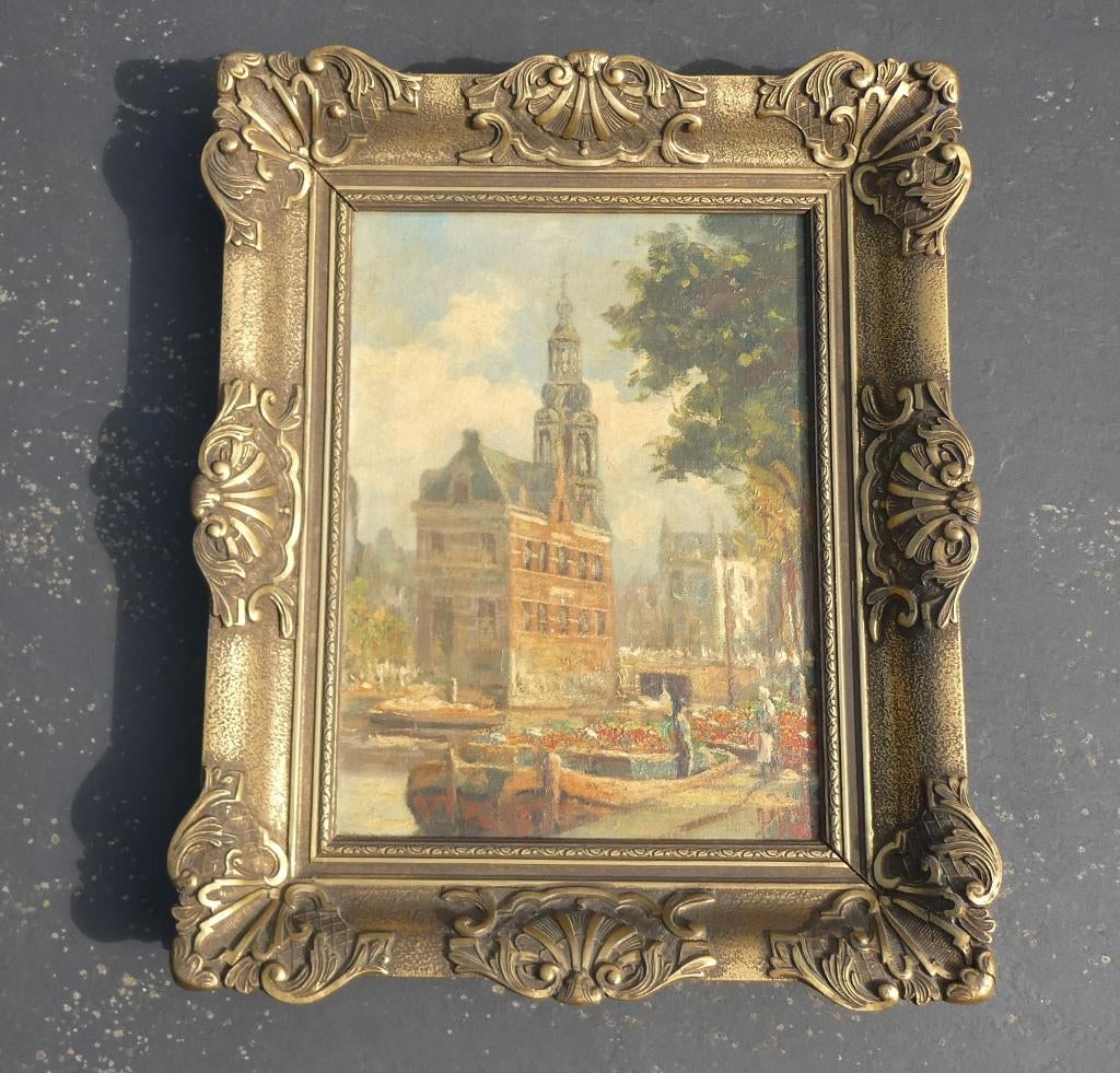 Olieverf schilderij bloemenmarkt munttoren Amsterdam, Antiek en Kunst, Ophalen