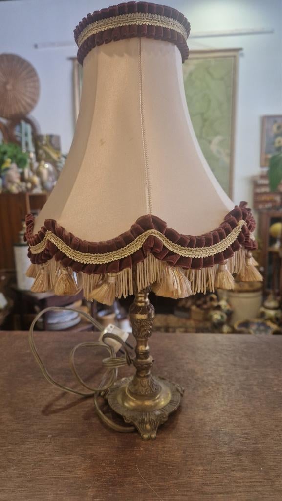 Messing Lamp met Barok Lampenkap - Vintage Tafellamp, Ophalen of Verzenden