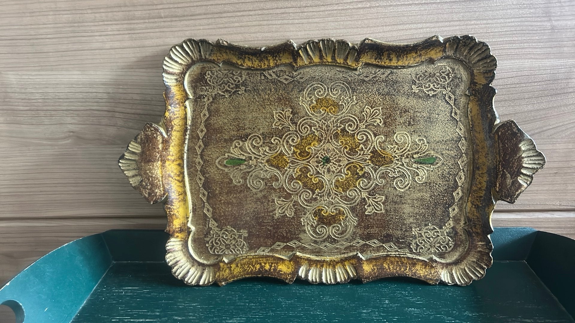 Florentijns (Barok) dienblad goud/groen, Ophalen of Verzenden, Zo goed als nieuw, Met opstaande rand, Dienblad