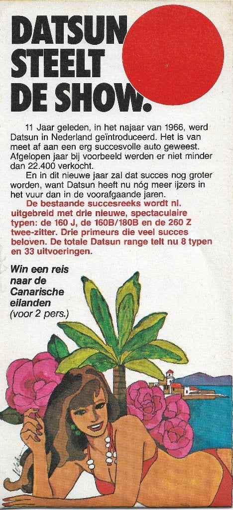 Uitvouw-kalender-poster-folder Programma Datsun, 1970 (NL)., Ophalen of Verzenden, Zo goed als nieuw, Overige merken