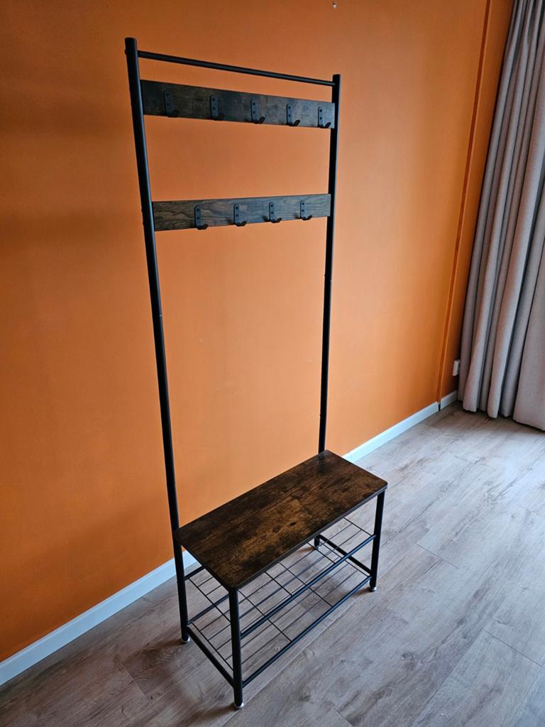 Kapstokbankje van donker hout met schoenenrek en 9 haakjes, Huis en Inrichting, Woonaccessoires | Kapstokken, Zo goed als nieuw