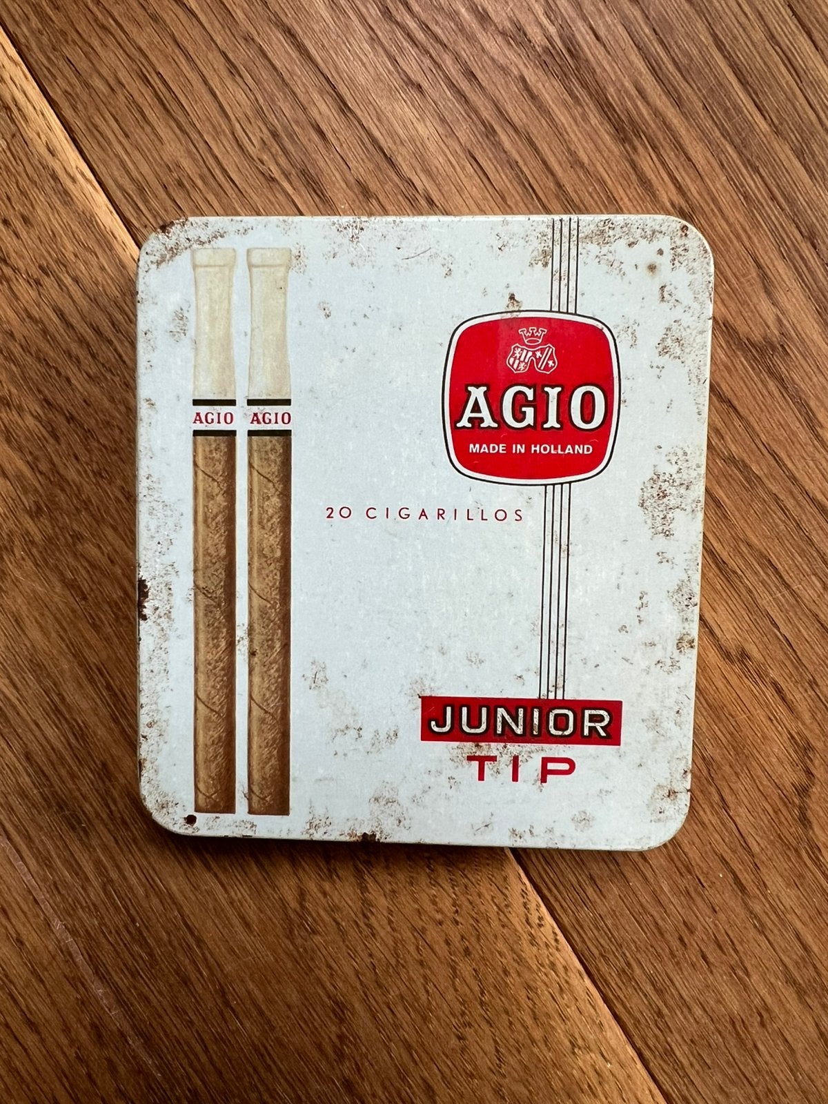 Vintage Agio Junior Tip Sigarenblikje - Made in Holland, Ophalen of Verzenden, Gebruikt, Asbak