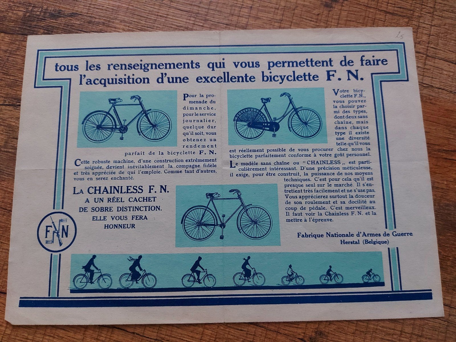 1927 F.N. fiets Belgische folder franstalig, Fietsen en Brommers, Ophalen of Verzenden, Gebruikt