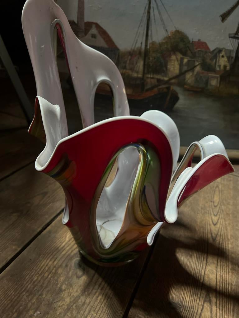 Unieke Murano glazen vaas, rood en wit, abstract design, Ophalen of Verzenden