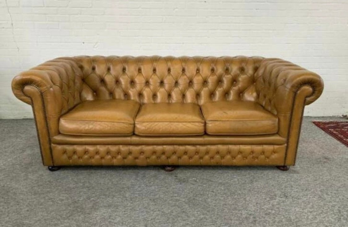 Bank cognac mosterd leer vintage Springvale Chesterfield, Huis en Inrichting, Ophalen of Verzenden