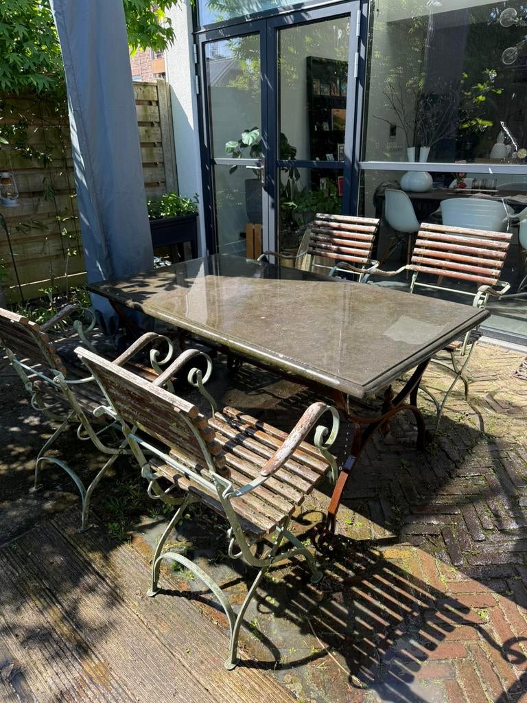 Tuinset natuursteen en zware inklapbare bistro stoelen, Tuin en Terras, Tuinsets en Loungesets, Ophalen, Gebruikt, Tuinset, Eettafel