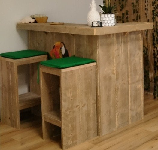 Steigerhouten Bar met 3 Krukken - Perfect voor Thuisbar, Huis en Inrichting, Barren, Ophalen, Gebruikt, Inclusief barstoelen